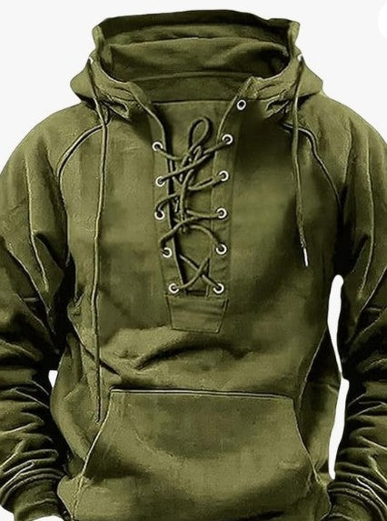 ARA CLOTHING ARTICLE #77030 Men's Vintage Lace-Up Pullover Hoodie - Rustic Military Green